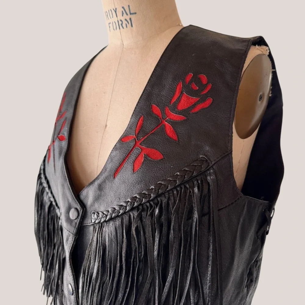 Vintage MOB Genuine Leather Black Red Rose Fringe Vest - Picture 5 of 10